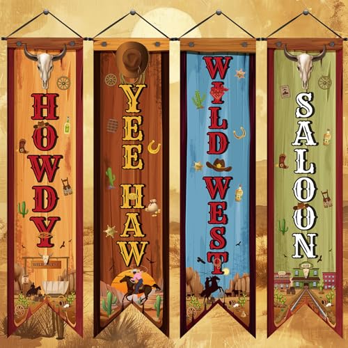 Image of Chiisong 4 Western Party Decorations Cowboy Banners Wild West Hanging Decor Howdy Yes Haw Porch Sign Backdrops for Indoor Outdoor Cowboy Birthday Photo Props Wedding Party Supplies (Wild)