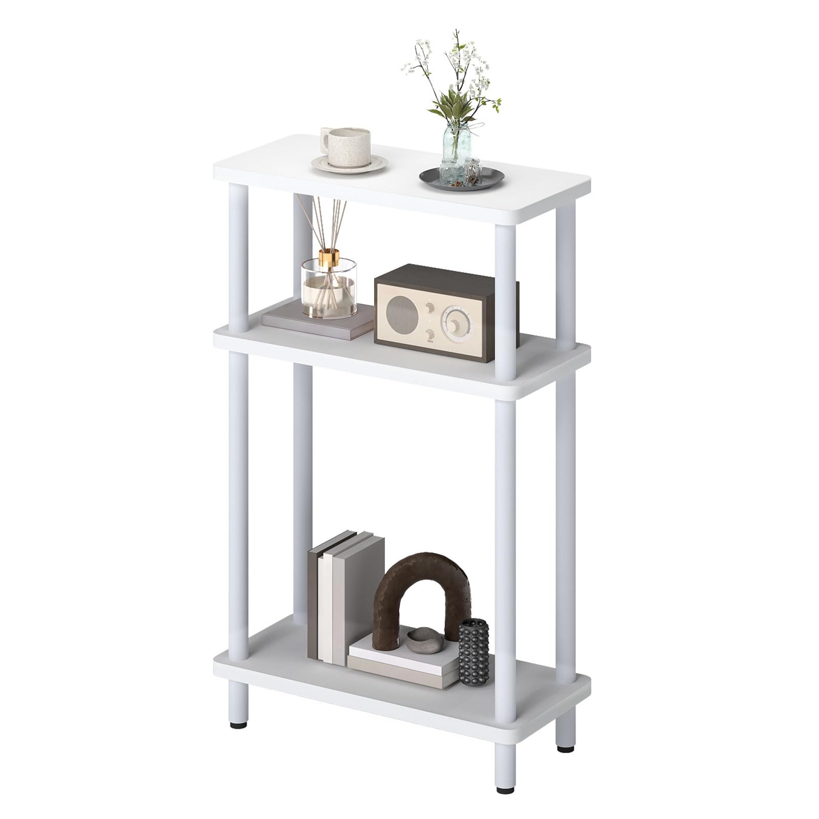 Levede Slim 3-Tier Narrow Side Table, White Small End Table 40x18x62.5cm, Space-Saving Storage Shelf, Sturdy MDF & Metal Frame, No-Tool Assembly, Anti-Scratch Pads for Living Room Bedroom or Sofa
