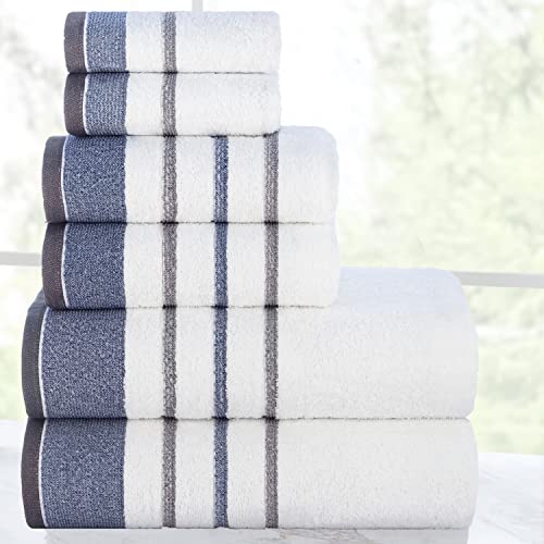 Image of Casa Copenhagen, Germany Design - White Bay Super Soft Collection 100% Cotton 6 Piece Towel Set, Includes 2 Bath Towels 2 Hand Towels 2 Washcloths - Grey & Blue