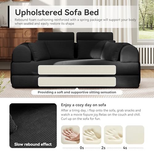 Image of Upgrade High Backrest Design Sofa Bed with Fixed-Shape Frame & Removable Armrests and Backrest, Corduroy Fabric, Convertible Mattress Couch for Small Spaces - No Assembly Needed (Black)