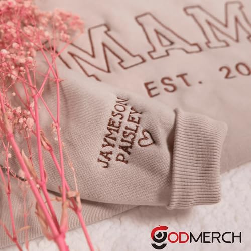 Godmerch Personalized Embroidered Mama Sweatshirt With Kid Names On Sleeve thumb #1