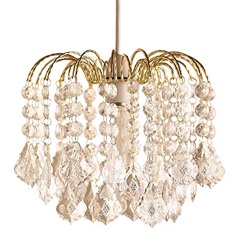 Gold Frame & Clear Acrylic Beads 3 Tier Vintage Easy Fit Waterfall Pendant Light Shade 28cm | None Electric Retro Ceiling Light | Fits E27 B22 E14 B15 Lampholders