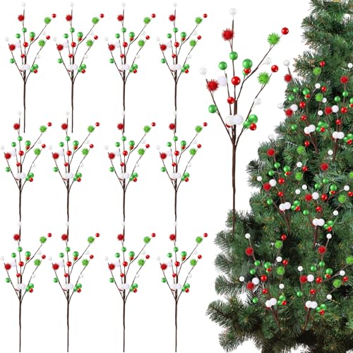 Hotop 12 Pcs 16 Inch Christmas Tree Picks Decorations Red Green Christmas Picks and Sprays Ornaments Floral Branches and Ball for Holiday Xmas Tree Topper
