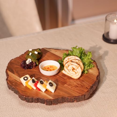 Image of Vriksha Lazy Susan Acacia Wood with Bark Edge | Rotating Serving Platter for Cheese Snacks Desserts | Round Wooden Turntable for Dining