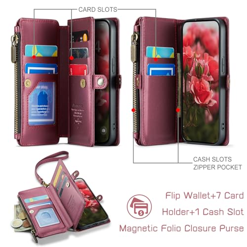 Defencase for iPhone 16E/17E Case Wallet with RFID Blocking Card Holder Slots for Women, Elegant PU Leather Magnetic Snap Flip Wristlet Strap Zipper Wallet Phone Cases for iPhone 17e & 16e, Wine Red by Defencase - Used condition - Image 2