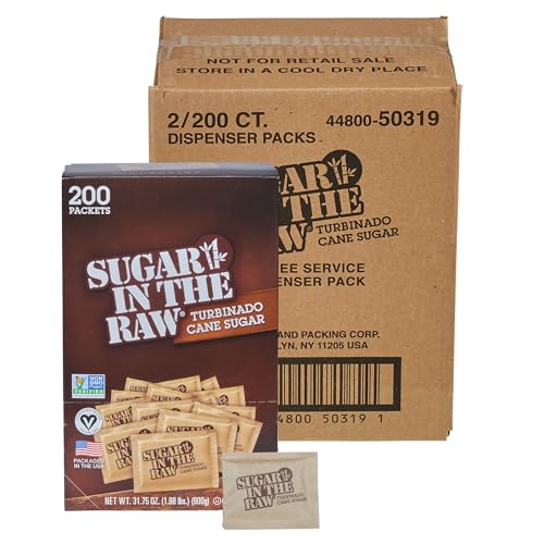 Sugar In The Raw Granulated Turbinado Cane Sugar On The Go Packets, No Erythritol, Pure Natural Sweetener, Hot & Cold Drinks, Coffee, Baking, Vegan, Gluten-Free, Non-GMO, 200 Count Packets (2-Pack)