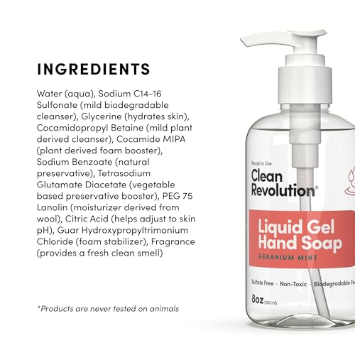 Image of Clean Revolution Liquid Gel Hand Soap, Silky Rich Liquid, Quick Lather, Fast Rinsing, Contains Real Essential Oils (Geranium Mint) 8 Fl Oz (Pack of 6)