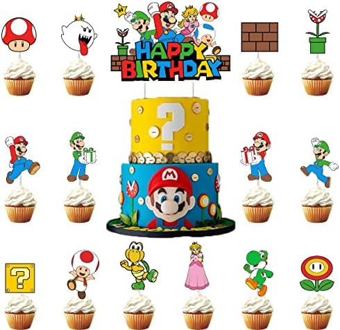 17PCS Mario cake toppers and cup toppers, suitable for boys and girls Mario birthday party decoration, children's Mario theme birthday shower supplies.