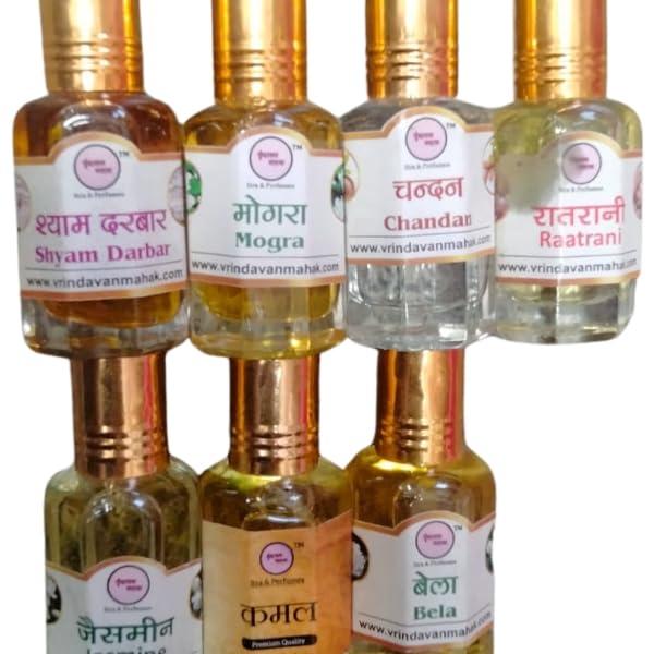 Vrindavan 7-in-1 Attar Perfume Oil Set | Shyam Darbar, Mogra, Chandan, Raatrani, Jasmine, Kamal & Bela Fragrances |-image-11