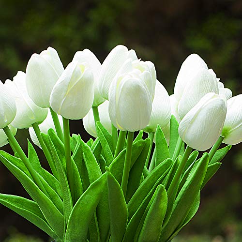 Enova Home 20 Pieces Artificial Real Touch Tulips Flower Arrangement In Glass Vase With Faux Water For Home Decoration (White) #TOP2
