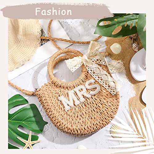Image of Pinkunn Bride Gift Bride Straw Purse Mrs Handwoven Bag Rhinestone Letter Bag Bachelorette Honeymoon Wedding Bridal Shower
