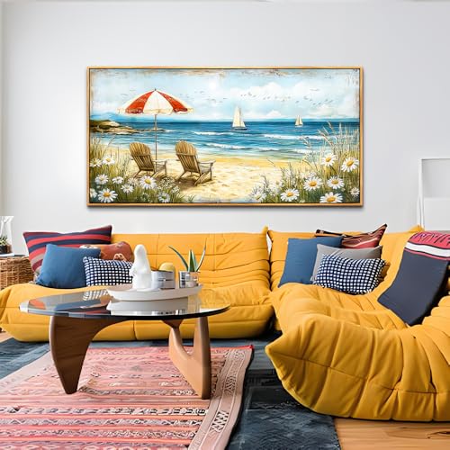 ERQINHUA Large Wall Decor Canvas Painting Wall Art For Living Room Bedroom Home Decoration Blue Seaside Landscape Painting Print For office Dining Room Bathroom Wall Aesthetics Wood Frame 30x60 In