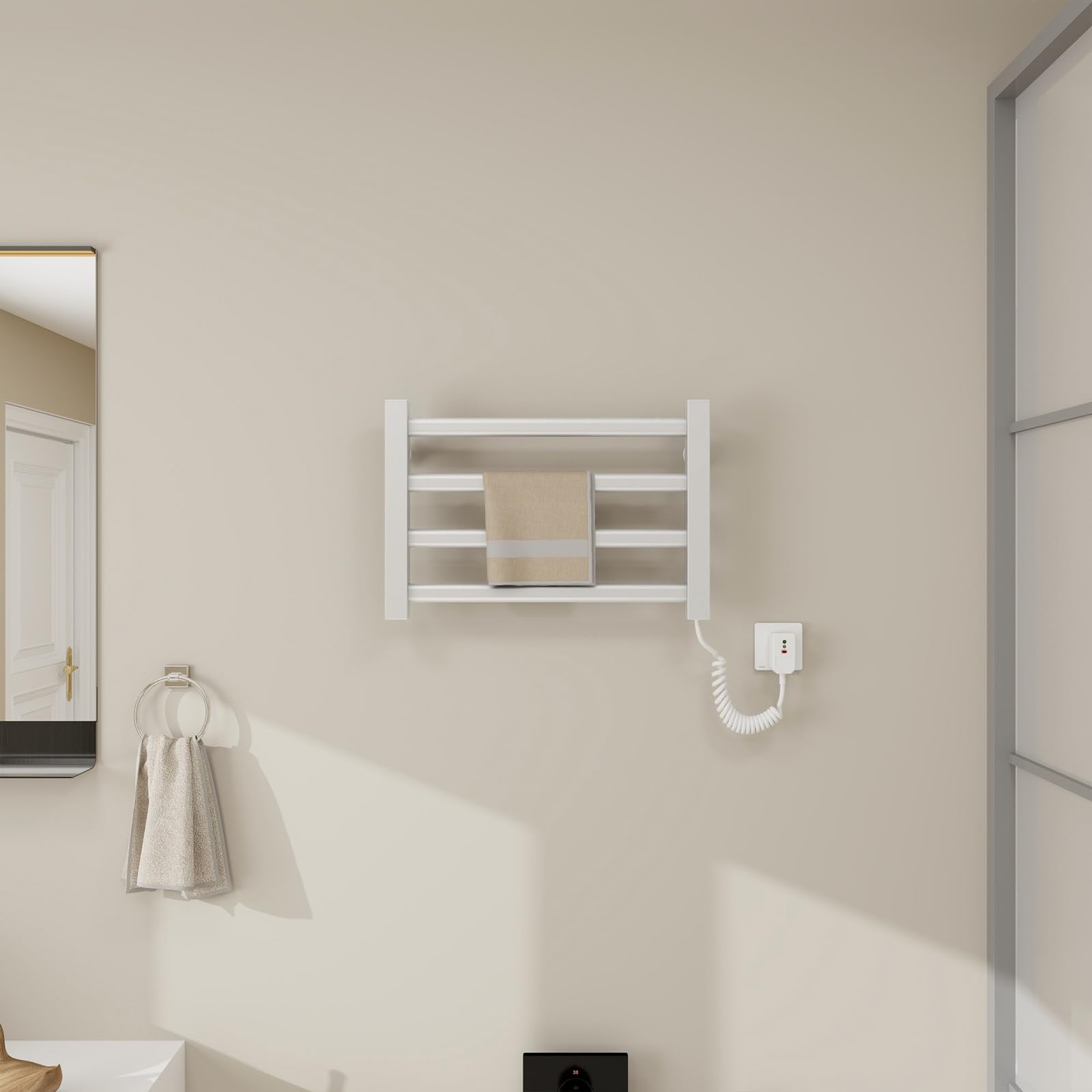 Radiador Toallero Eléctrico Bajo Consumo, Toallero Eléctrico Calefactado para Baño, Montado en Pared, Secador de Toallas con Termostato Integrado, 4 Barras y Ganchos-White