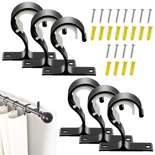 6 Pcs of Black Curtain Pole BracketsSuitable for Rods of Ø20-28mm Can Be Used As Curtain Rail Brackets for Hanging Curtains Or Wardrobe Rail Brackets for Hanging Clothes with Installation Screws