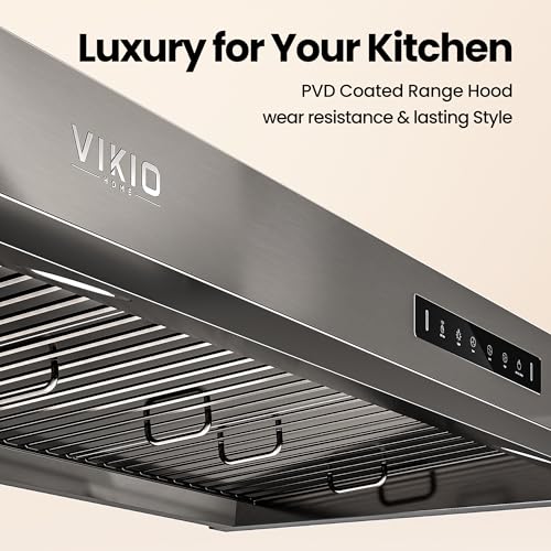 Image of VIKIO HOME 30 inch Range Hood Stainless Steel(PVD), Black Stove Hood with 1200 CFM with 1.5 Sones Quiet,3 Speed Exhaust Fan Hood Vents for Kitchen,Under Cabinet Range Hood with GU10 LED Lights