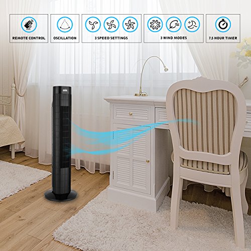 Ansio Black Oscillating Tower Fan With Remote Control 3-Speed 3-Wind Mode, 30-Inch Ideal For Small Rooms. 2 Year Warranty #TOP3