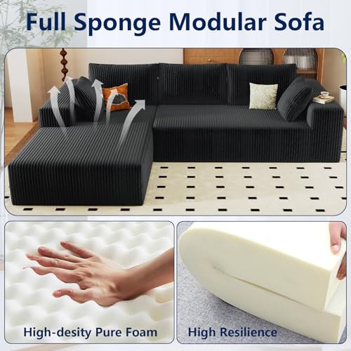 Image of 96 inch Modular Sectional Sofa, Modern Corduroy Cloud Couch with Deep Seat, Boneless Couch Upholstered 3-Seater L-Shaped Sofa for Living Room, No Assembly Required (Black, Left-Facing Chaise)