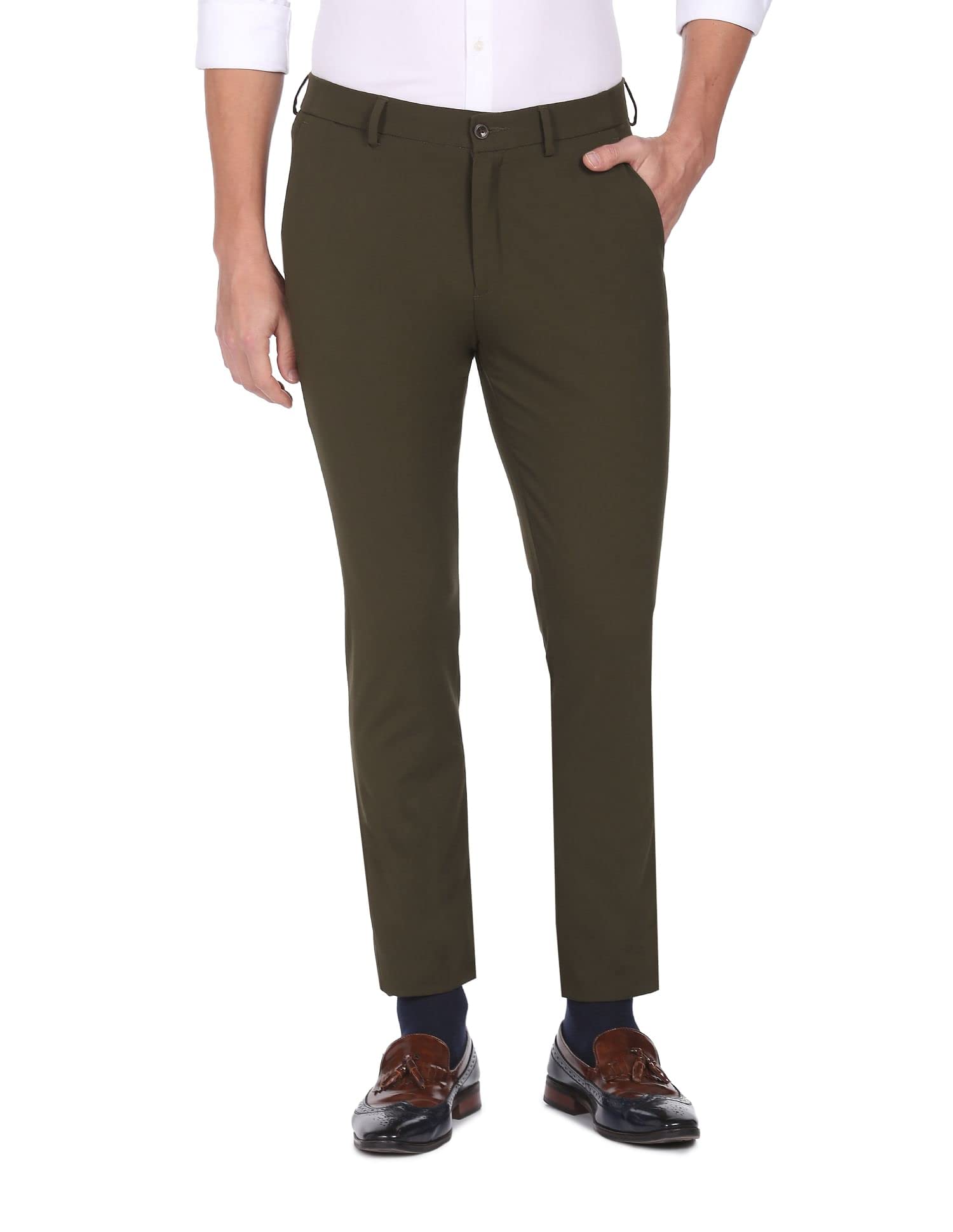 ArrowMen Olive Jackson Super Slim Fit Solid Formal Trousers