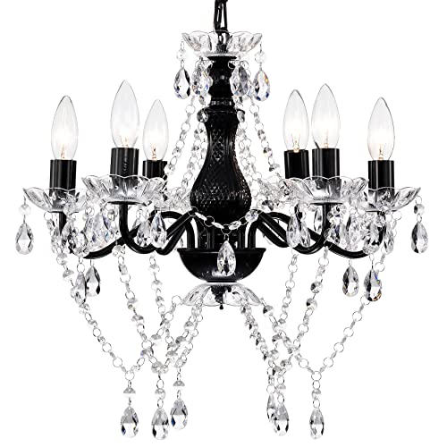 Mr.Color Candelabro negro con cristales modernos, 6 luces, candelabro para sala de estar, comedor, dormitorio