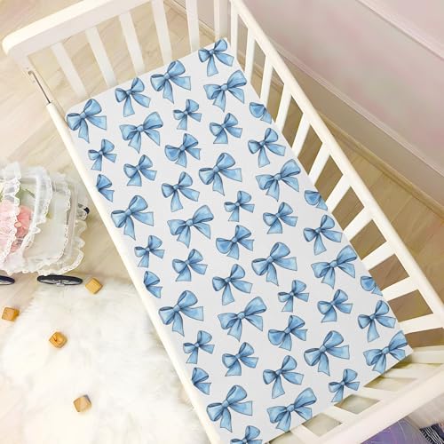 Image of Fitted Crib Sheets Pretty Blue Bow Stretchy Portable Playard Sheets for Baby Toddler, Breathable Soft Mini Crib Mattress 39 x 27 in for Boys and Girls