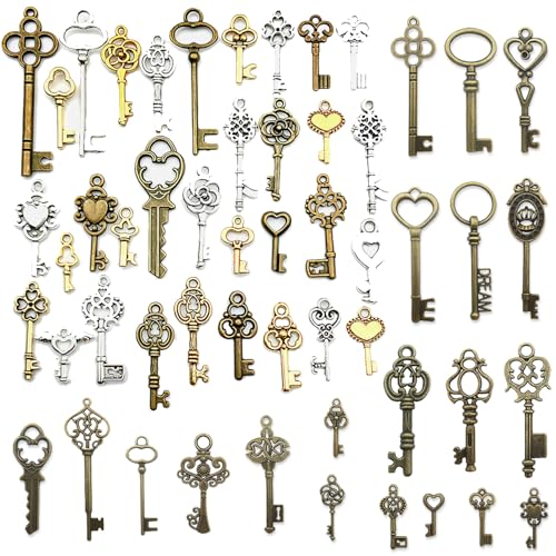 RUGBOL 50 piezas de dijes de llave, llaveros de collar con forma de llave de esqueleto, llaveros de decoración vintage para manualidades, decoración de bodas, fabricación de joyas DIY