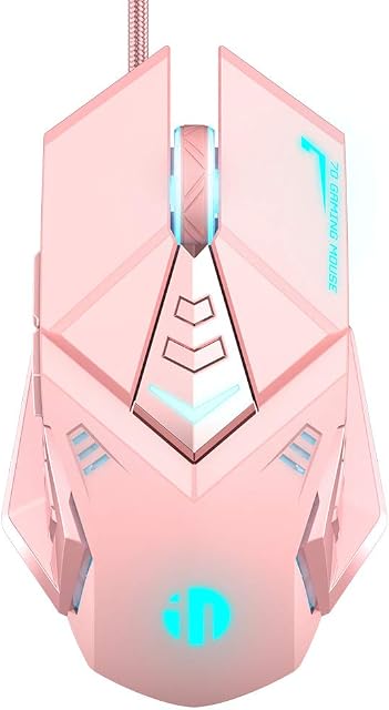 INPHIC Pink Gaming Mouse, USB Optical Wired mouse RGB Backlight 4 Levels Adjustable DPI up to 4800, Silent Click Ergonomic 7 Programmable Buttons Design PC Gaming Mice for Windows System
