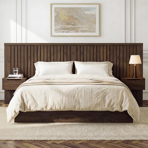 KISLOT Queen Size Wood Bed Frame with Built-in Nightstands, Modern Fluted Headboard & Storage Drawers, Solid Wood Slat Support, No Box Spring Needed, Noise-Free, Easy Assembly