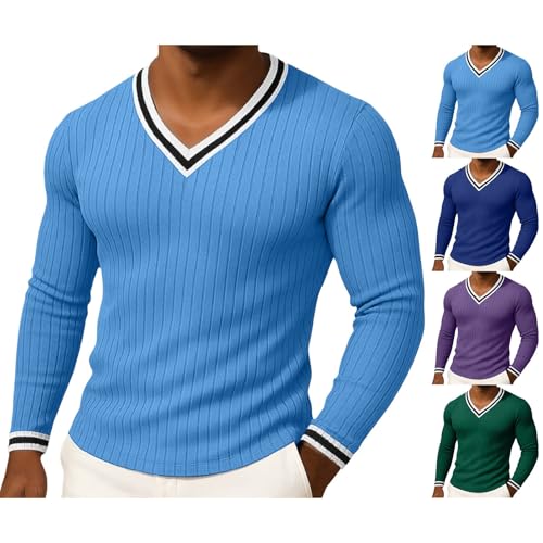 Image of Mens V Neck Sweater Mens Stripe T Shirt Slim Fit Classic Fit Blue | Striped Shirt Casual Cable Knit Top Breathable Leisure Top For Daily Wear Long Sleeve Pull On Tops Lightweight Outdoor Tops
