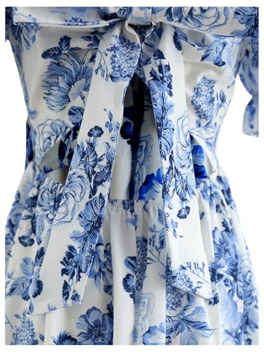 Girl's Floral Bowknot Back A Line Dresses Square Neck Puff Sleeve Smocked Vacation Short Dress4