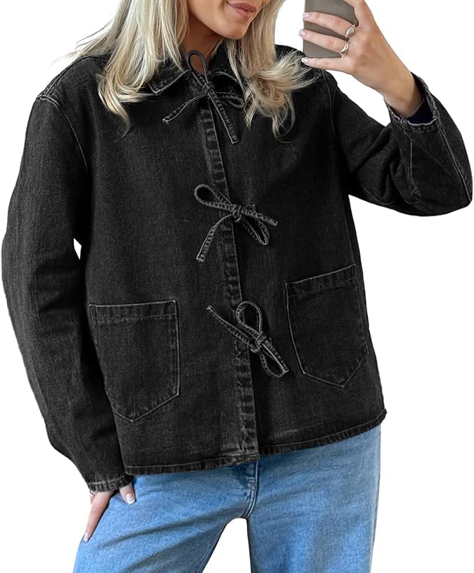 Amazon.com: VOIKERDR Denim Jacket for Women Tie Front Jean