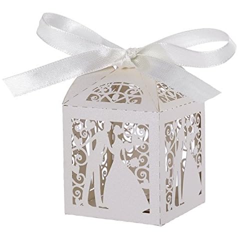 Tinksky 100pcs Wedding Candy Boxes Couple Design Luxury Lase Cut Party Wedding Favor Ribbon Candy Boxes Gift Box Table Decorations (White) Cover