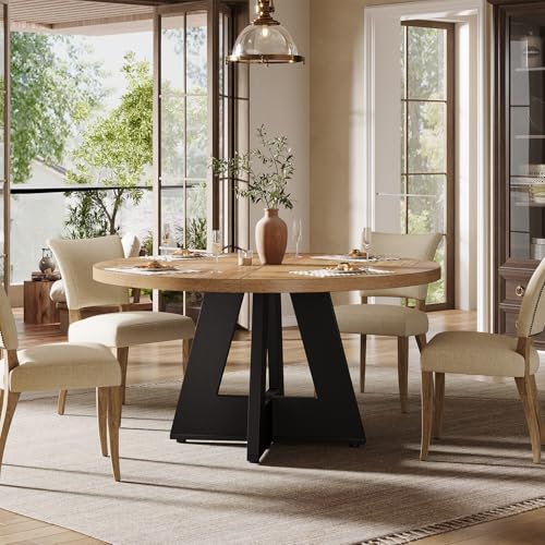 Image of Tribesigns 47 inch Round Dining Table Wood Kitchen Table for Dining Room, 47 inch Dinner Room Tables for 4-6, Farmhouse Accent Furniture with Wooden Tabletop and Cross Base, Brown+Black