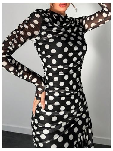 Image of Verdusa Women's Polka Dots Mesh Layered Bodycon Dress Long Sleeve Ruched Long Dress