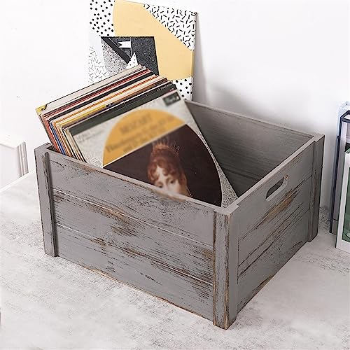 Caja de almacenamiento discos vinilo y CD de madera gris retro con asa 7