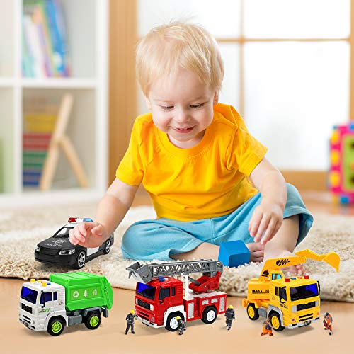 Fire Truck, Construction Truck, Police Car and Garbage Truck with Sound and Light, Pull Back Cars Push and Go Cars Friction Powered Play Vehicles for Toddler Boys and Girls