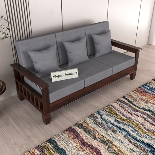 Image of Sheesham Wooden 3 Seater Sofa for Living Room | Rosewood Cushion Sofa with Side Newspaper Holder for Home & Office | Solid Wood Sofa Set for Lounge (Walnut, 3 Seater)