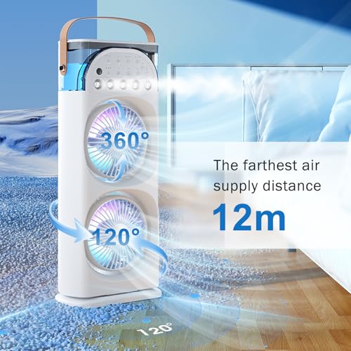 Portable Air Conditioner with Mist, Rechargeable Cooling Fan & Air Cooler, 600ml Water Tank, 3 Speeds, 3 Timer Modes, 360° Rotation, Quiet Humidifier Fan with Night Light for Home Office Outdoor