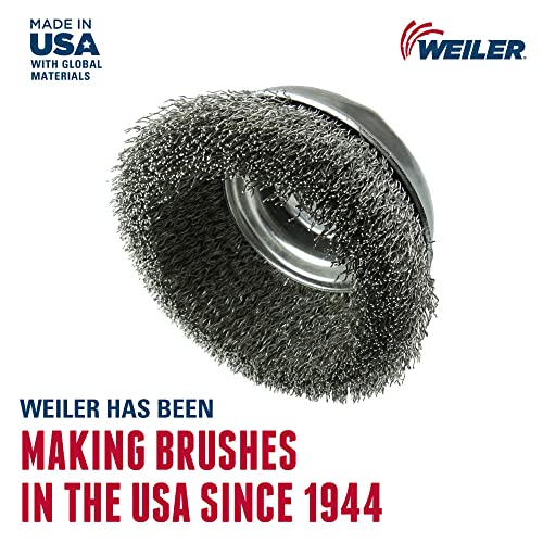 Image of Weiler 14256 5 inch Crimped Wire Cup Brush, .020 inch Stainless Steel Fill, 5 /8 inch-11 UNC Nut, Made in The USA