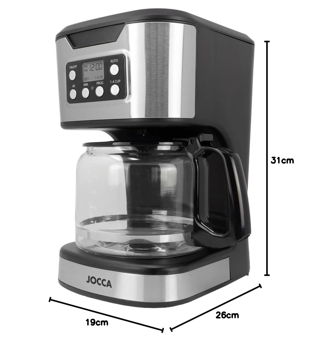 Jocca - Cafetera de Goteo Digital 1500 ml 900W | 12 Tazas | Jarra de Cristal | Filtro Lavable | Placa Calefactora | Temporizador | Función Pausar y Servir