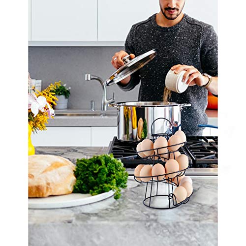 Spiral Design Egg Skelter with 2 Egg Cup Holders, Large Modern Deluxe Egg Storage Dispenser Rack for Countertop Kitchen, Black