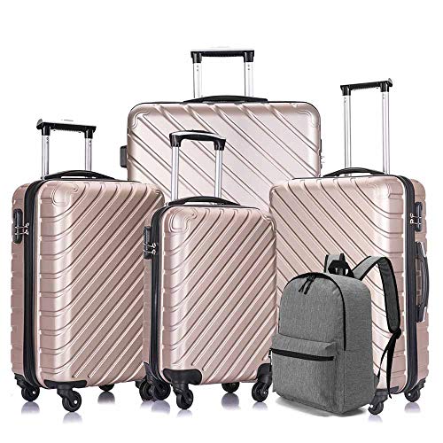 Luggage Set, Semper 4 Piece Luggage Set Suitcases with Spinner Wheels Hardshell Lightweight Luggage W/ Backpack (Champaign Gold)