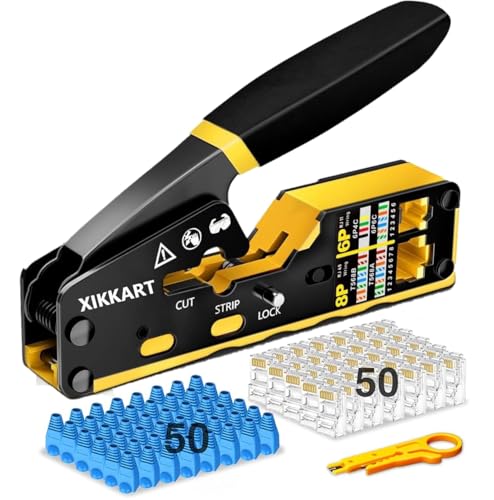 Image of XIKKART RJ45 Crimping Tool | Passthrough Cat5 /Cat7 Network Crimper with Wire Stripper & Cutter | Multifunctional Crimp Tool 6P 8P RJ11 RJ12 RJ45 STP /UTP - Include 50pc Cat6 Connecor & 50pc Boot