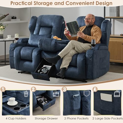 Image of SAMERY 67.6 inch Loveseat Recliner Sofa | Double Recliner Sofa & Console | Wall Hugger Loveseat Reclining RV Theater Seats | RV Couch Home Theater Seating Furniture (Velvet Blue)