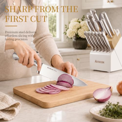 Image of Astercook Knife Set for Kitchen with Block Sharpener 14Pcs Dishwasher Safe | Full Tang Stainless Steel Knives and Anti-Slip Ergonomic Handle Utensils Set