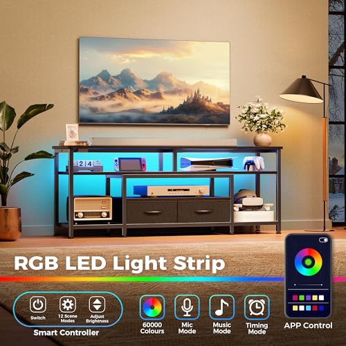Huuger TV Stand for 55 60 Inch TV, Entertainment Center with Power Outlets and LED Lights, 54 Inch TV Console for Living Room, Media Console with Drawers and Shelves, Black, 8778BC