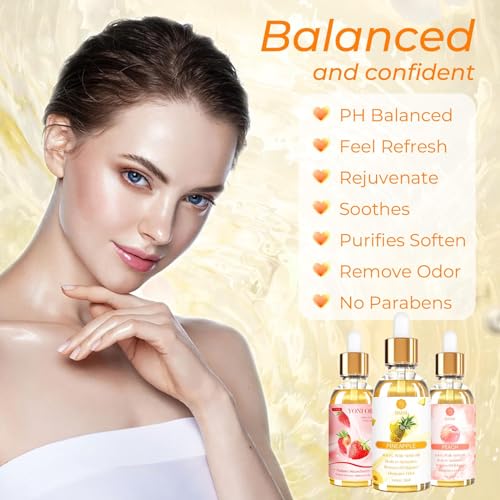 Image of 3 Packs Yoni Oil for Women - Feminine Care Oil - All Natural Vaginal Essential Oils, Reduces Odor, Restores pH Balance and Wetness, 1 fl oz /pc Strawberry Pineapple Peach Scent