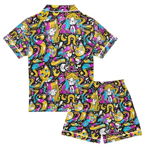 senya Graffiti Cat Satin Summer Pajama Sets Silk Short Sleeve Button Down Sleepwear2