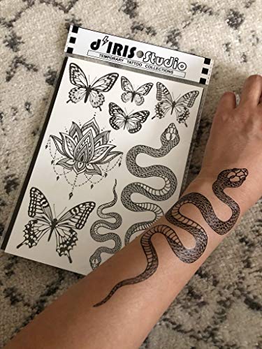Temporary Tattoos For Adult Women - 2 Sheets - Black Big Snake Butterfly Lotus Mandala Medallion Sexy Small Butterflies Sleeve Words Adults Tattoo #TOP2