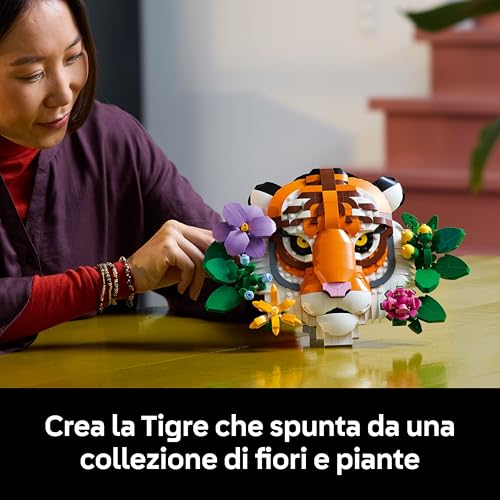 Art Collezione Animali - Tigre - Animale 3D da Costruire con Fiori e Piante Botaniche Decorative - Set di Decorazioni per Casa o Ufficio Fai da Te per Adulti - Idea Regalo Creativa - 31217 - Lego - Immagine 2