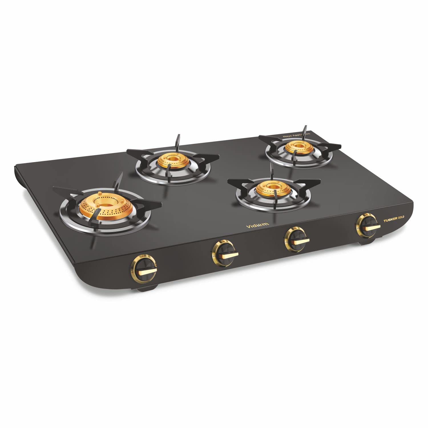 Vidiem 4 Burner ZZ Gas Stove - Tusker Gold Black | Manual Ignition | High-Efficiency Brass Burners | GI Rust-Proof Body | Frameless Design | 5-Year Warranty | Cooktop for Indian Cooking